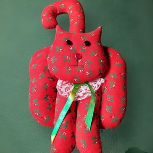 Country Christmas Cat / Vintage Adorable Handmade Stuffed Cat EUC